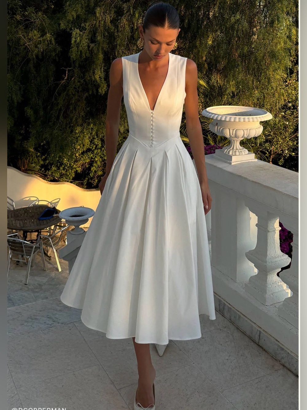 Meshki White V-Neck Midi Dress with Button Front